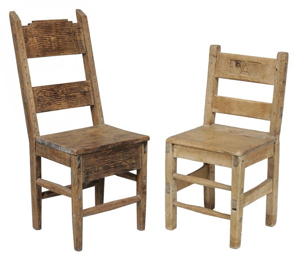 Two Early New Mexican Side Chairs: circa 1900: one pine with "A" carved in back, 30-1/2 x 14-1/2 x 16 in., [cracks and old break to one rear stile;] one pine with chiseled geometric decorations and stepped finials, 36-1/2 x 15-1/2 x 18