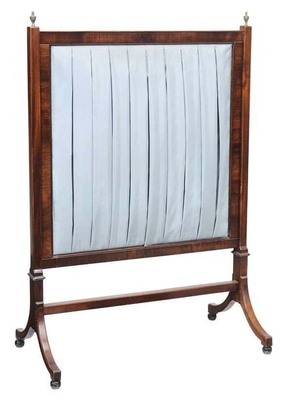 Georgian Mahogany Silk-Lined: Firescreen British, 19th century, figured mahogany, brass urn finials and trestle-form base, 38-1/2 x 26-1/2 x 14 in., silk lining slightly loose and with some glue stains, frame with minor cracks and