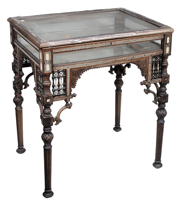 Bone and Mother-of-Pearl Inlaid Carved: Vitrine Table Middle Eastern, late 19th/early 20th century, mirror-lined interior, 32-1/2 x 18 x 15 in., poor condition with extensive losses to inlays throughout, top with tape holding inlay in place