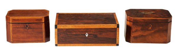 Three Antique Inlaid Boxes: British, 19th century: mahogany tea caddy with inlaid interior lids, 5 x 7-1/2 x 4-1/2 in.; figured mahogany caddy with foil-lined interior, 5 x 7-3/4 x 5 in.; rosewood rectangular box with bird's-eye