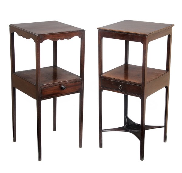 Two Similar George III Mahogany Side: Tables each with single dovetailed drawer, one with hinged top for wash basin, lower stretcher, 33 x 14-1/4 x 14 in., hinged top loose and probably later, one drawer fits tightly, surface stains, crac