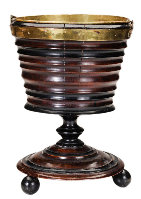 Regency Mahogany and Brass-Lined: Wine Cooler British, 19th century, banded body fitted with brass liner, stepped base with ball feet, 16 x 12 in., separations and warping at joints, restoration to black banding, liner with dents and