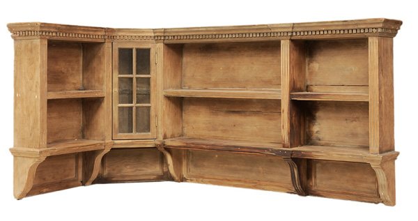 Chippendale Style Pine Hanging Corner: Shelf British, late 19th century, fitted with one small glazed door and dentil-molded cornice, 32 x 62 x 32 in., stains and surface dirt, some wear and abrasions especially at moldings, some distress 