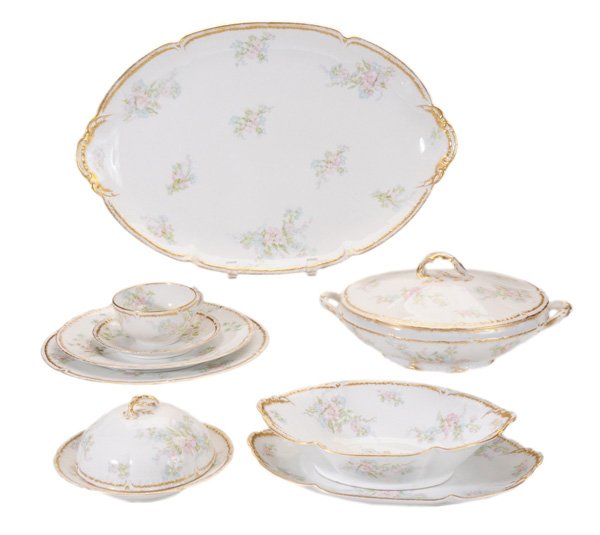Haviland Limoges China, Service for: Twelve French, early 20th century, 103 pieces including 12 each dinner, lunch, salad, dessert plates, cups, cup plates, soup bowls and sauce bowls, two lidded vegetables and two platters, serving bowl