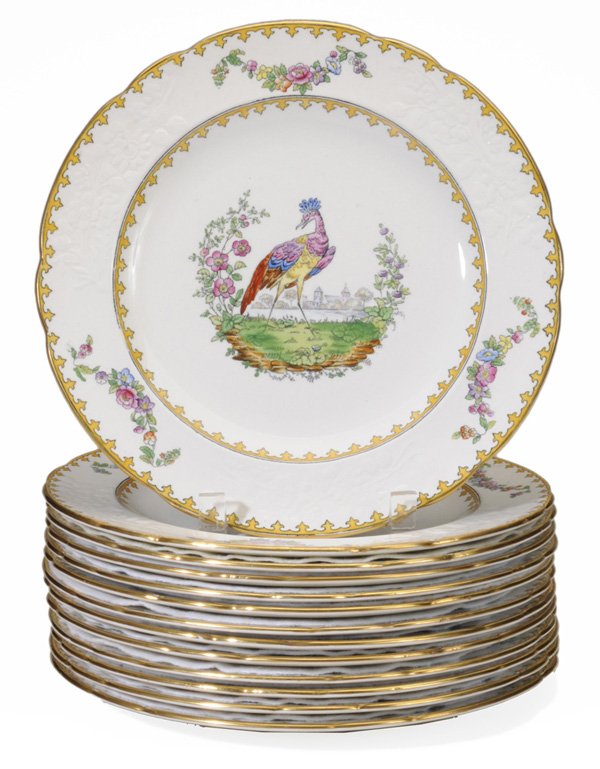 Set of Thirteen Copeland "Vienna": Porcelain Service Plates English, early 20th century, centering painted and transfer decorated birds set in landscapes, rims with floral sprays and in white relief, 10-1/2 in., excellent condition wit