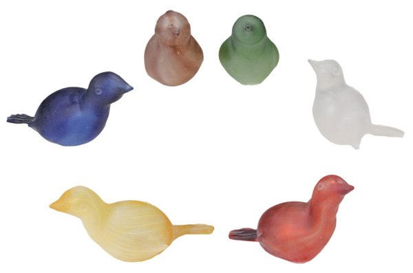 Collection of Six Frosted Blown Glass: Birds late 20th century, each signed on bottom "Edward Hammond"(?), longest 6 in., good condition with light surface dirt and wear