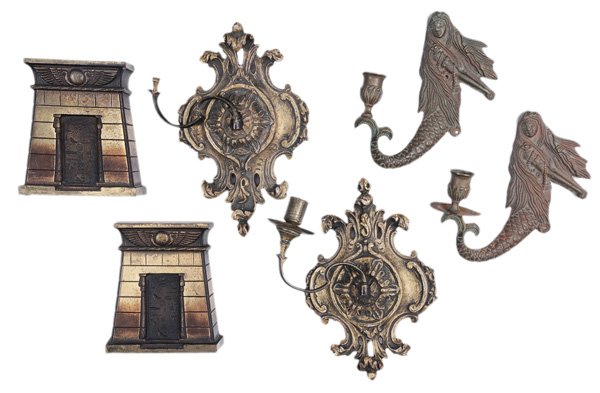 Pair Egyptianate Gilt Cast Brass: Bookends, Sconces 20th century, in the form of temple doors, 5-1/4 in., [color variation, gilding losses and light pitting;] together with pair mermaid-form patinated bronze sconces, 7-3/4 in., and pa
