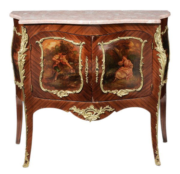 Louis XV Style Marble-Top Commode: late 20th century, parquetry veneers and hand-painted scenes, 35-1/4 x 40 x 18 in., some later bracing at underside, mounts with scattered casting flaws, other minor veneer and surface flaws, retouch