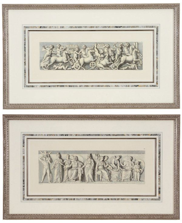 After Giovanni Domenico Campiglia: (Italian 1692-1768) Two engravings: designs for Friezes, hand colored engravings 9-1/8 x 23-3/4 in. (page); matching modern frames, not examined out of frame, good condition Provenance: Property from