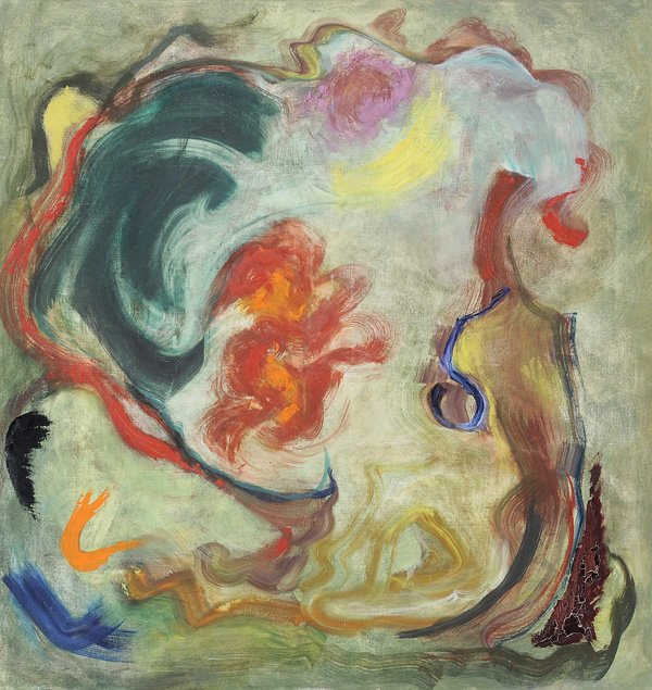 Jane Love: (North Carolina, 20th/21st century) Untitled, unsigned, acrylic on canvas, 53-1/2 x 50 in.; lattice frame, crackle, cupping, cleavage, flaking lower left Provenance: Gift of the artist; Deaccessioned 