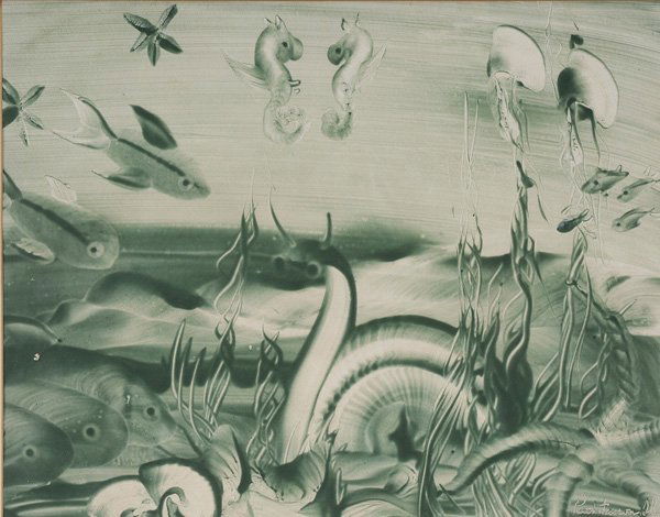 Ruth Faison Shaw: (Kansas, 1888-1969) Two finger paintings: The Swans; 1964 and Sea Life, unsigned, tempera on paper, 15-1/4 x 21-1/4 in.; framed not examined out of frames, light toning Provenance: Deaccessioned by th