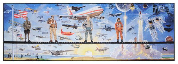 Robert T. McCall: (American, 1919-2010) Celebrating 100 Years of Powered Flight, 1903-2003, signed lower right in pen "Robert T. McCall", giclee on canvas, 24 x 72 in.; modern frame, good condition Provenance: Deaccess