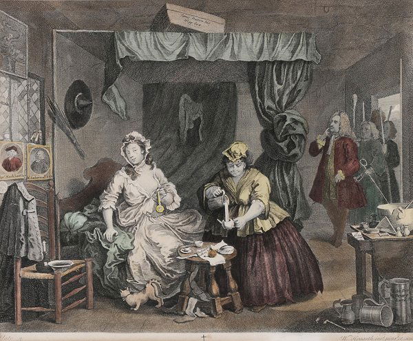 After William Hogarth: (British 1697 – 1764) Six engravings: including "The Apprentice" or "The Proverb Series" and other satirical themes, sizes ranging from 10-3/4 x 14in. to 15-1/8 x 17-1/2in.; all with frames, light t