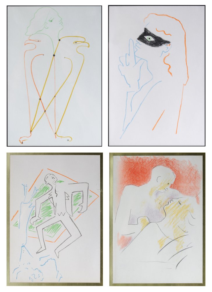 Jean Cocteau: (French 1889 – 1963) four color lithographs, unsigned, color lithographs on paper, 9-3/4 x 6-7/8 in. (page); matching gilt wood frames, taped verso to verso of mat Provenance: Property from the Esta