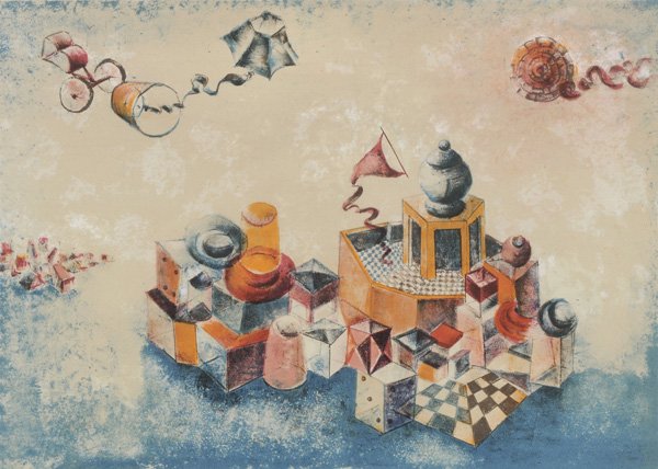 Raffi Kais: (Israeli born in 1931) Surreal Landscape, Edition 62/150, signed lower left in pencil "Raffi Kaiser", 17 by 22-1/2 in. site; modern wood frame, not examined out of frame Provenance: Property from the 