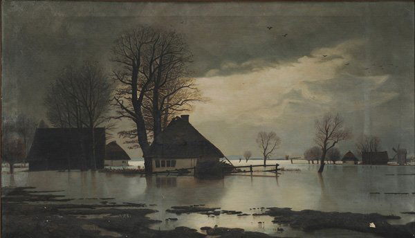 Dutch School: (20th century) Flooded Moonlit Landscape, apparently unsigned, oil on canvas, 27-3/4 x 47-1/2 in.; 20th century frame, heavy grime, canvas loose, flaking, accretion Provenance: Property Deaccessioned