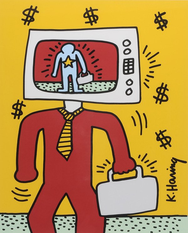 After Keith Haring: (New York, 1958-1990) TV Man, edition 724-1000, posthumous [Playboy] edition in honor of the artist, signed lower right in stone, serigraph on paper, 20-1/4 x 24 in. (stone); black metal frame, hinged