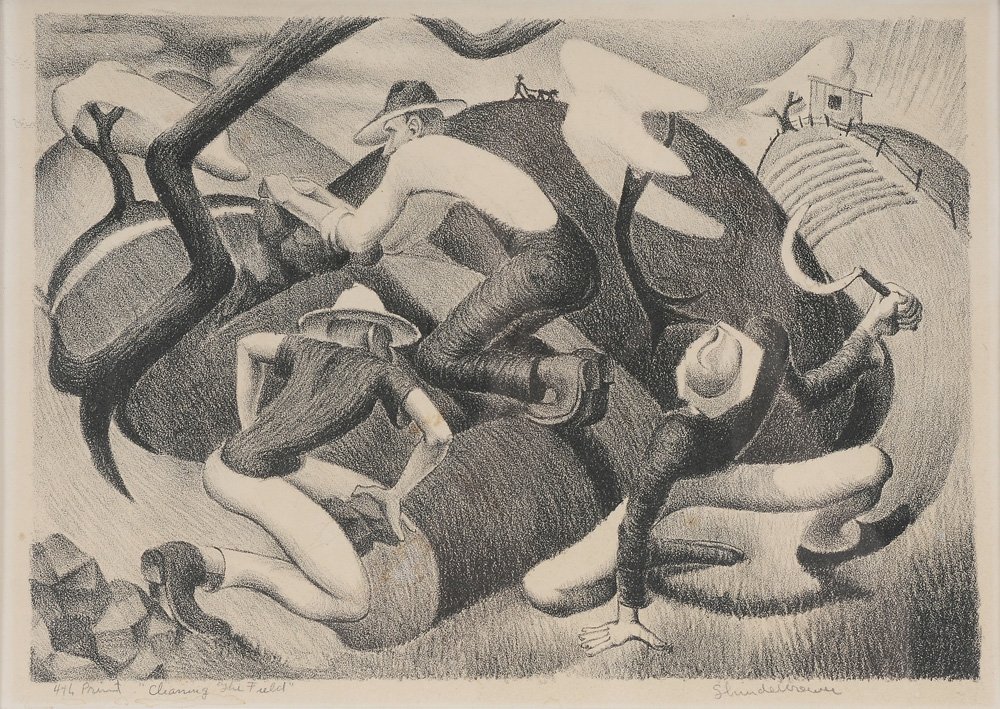 American School: (WPA, 20th century) Clearing The Field, #476, signed lower right in pencil "Shindelbrewer", lithograph on paper, 10-7/8 x 14-3/4 in. (page); wood frame, toning, hinged in, handling grime, small stains