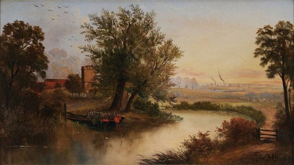 Jonathon Westell: (British, late 19th/early 20th century) "Evening The Bend of the Sea Near The Old Water Works Essex", 1892, signed lower right "J Westell Pinxt 92", oil on artist board, 14-1/4 x 24-1/2 in.; modern fr