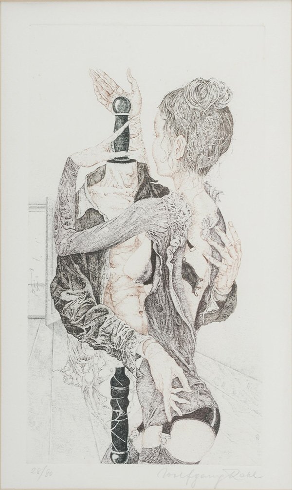 Wolfgang Rabl: (Austrian, born 1942) Surrealistic Composition, woman with mannaquin, Edition 28/80, signed lower right "Wolfgang Rabl”, color etching on paper, 12-7/8 x 7 in. (plate); metal frame, not examined out