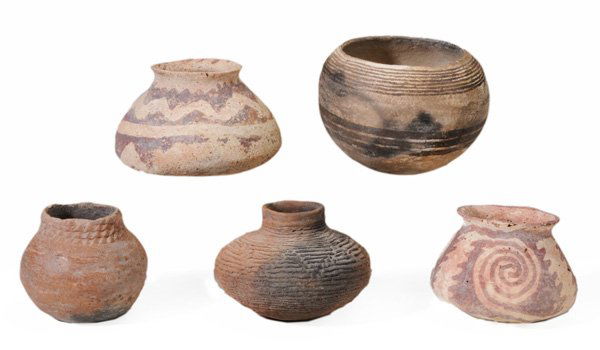 Five Prehistoric Decorated Pots: all probably Southwestern, some likely Hohokam, circa 900-1200 A.D.; two with purple geometric painted decoration; one with sticker on bottom "Hohokam jar circa 900-1200AD"; one low form with allover
