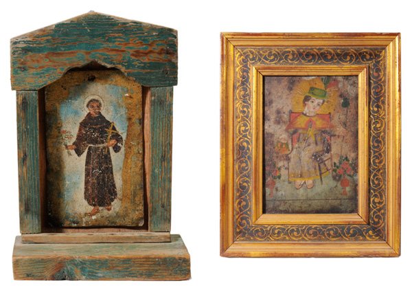 Two Spanish Colonial Painted: [Retablos] probably Mexican, 19th or 20th century: one in painted blue niche with [retablo] of a flyer, 10-1/2 in.; one a seated child holding a staff, [El Niño de Atocha,] 10-1/2 in., modern frame,