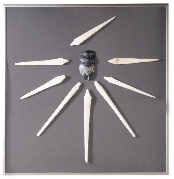 Collection Pre-Columbian Shell Awls,: Stone Effigy Southwestern or Central American: eight large shell awls framed with black and green stone effigy, (nine pieces), appear to be in good condition with wear and surface variation as found,