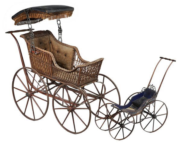 Victorian Wicker Baby Carriage: late 19th century, leather and fabric-lined adjustable hood, 46 x 23 x 50 in., [generally good condition wear, stains and holes to hood lining, other surface dirt and wear;] together with a similar sl