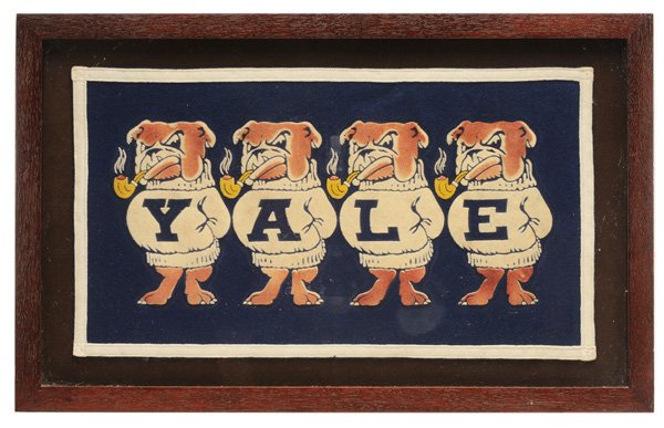 Vintage Yale University Pennant: early 20th century, depicting four bulldogs with pipes, mahogany frame, 21 x 13 in., apparently excellent condition, not examined out of frame Provenance: Private Collection