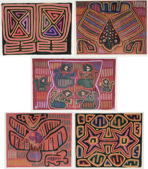 Five Cotton Appliqué Kuna Molas: Northwestern Columbia, Islands of San Blos, Panama, 20th century, all unframed: one abstract fish, 19-1/2 x 14-1/2 in.; one geometric abstract, 15 x 11-1/2 in.; condor design, 17 x 14 in.; quadrupeds,