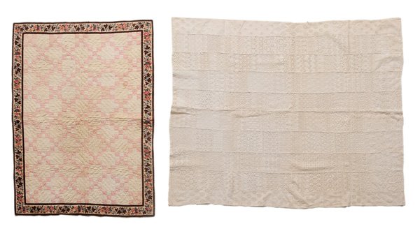 Two Crib Covers: one hand-pieced quilt with chintz border, early 19th century, 30 x 41 in., [fading, light stains, wear;] one crib cloth composed of cotton lace and eyelet squares, probably 20th century, 38 x 49 in., 