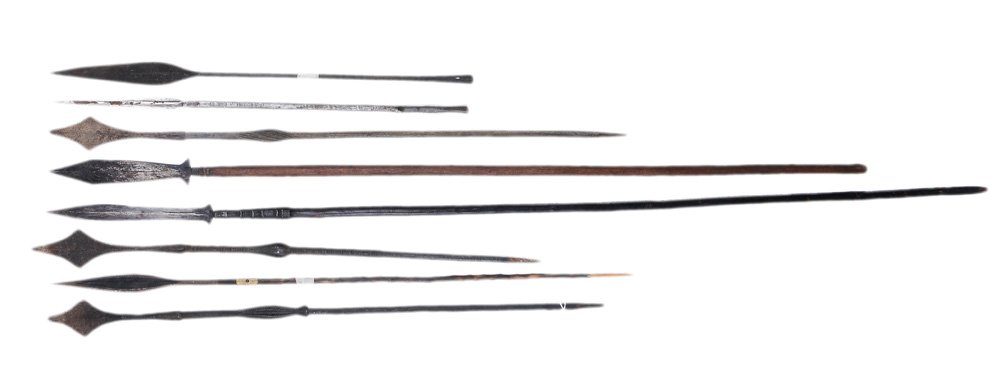Eight Tribal Spears: African and Vietnamese - 2 Vietnamese, 5 Zaire, 1 African Origin - 84" to 34" approximately