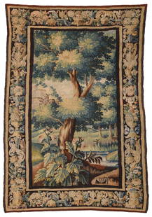 Belgian Verdure Tapestry: 18th/19th century, brown and beige lined borders with urn and acanthus leaf decoration, central landscape scene with tree and running brook, 110-1/2 x 64 in.Provenance: Private Collection, Charlotte,