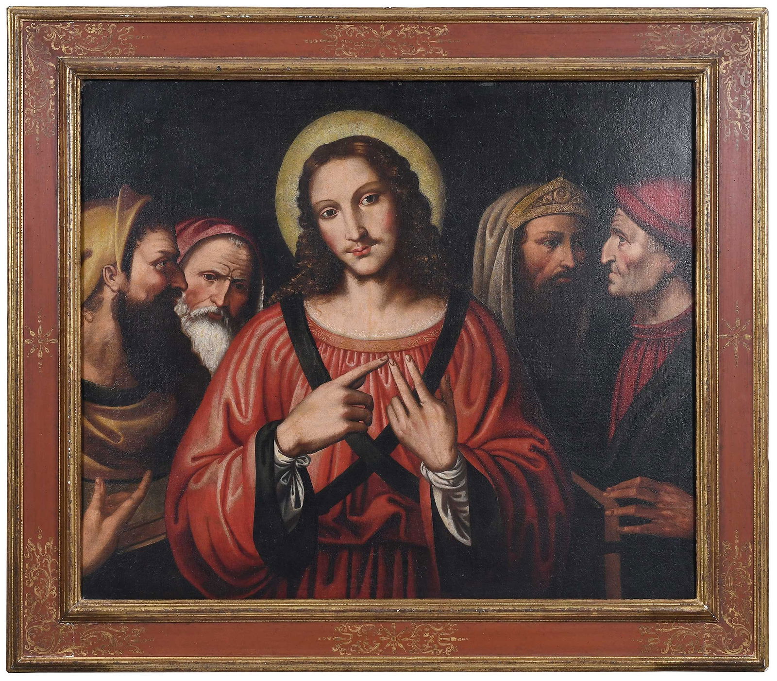 After Bernardino Luini: (Italian, circa 1480-circa 1531) Christ Among the Doctors, after the one held by the National Gallery, London, England, 19th century, oil on linen, 34-3/4 x 41 in.; Italian style parcel gilt and paint