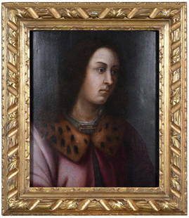 Studio of Domenico Puligo: (Italian-Tuscan, 1492-1527) Portrait of Lorenzo di Pierfrancesco di Lorenzo Vecchio de' Medici (1463-1503), unsigned, 16th century, oil on panel, 21-3/4 x 18 in.; newer carved and gilt wood frame, 29