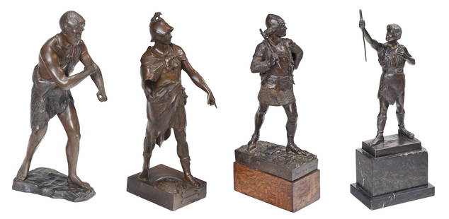 Four Continental Bronze Soldiers: After Emile Louis Picault, (French, 1833-1915), Le Devoir, signed and titled on base, patinated bronze, 17-3/4 x 5 x 6 in.; Hans Keck, (German, 1875-1941), Soldier, signed in base, patinated bronze,14