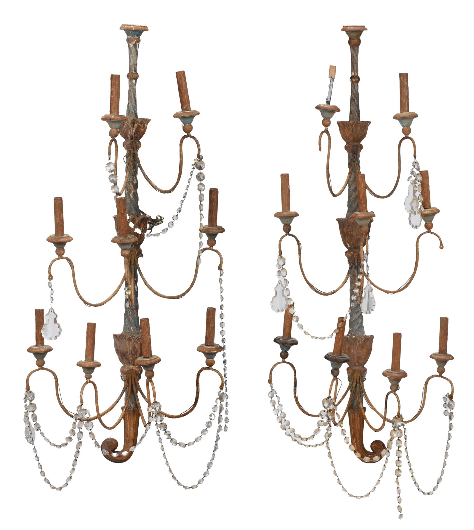 Monumental Pair of Carved Wooden Polychromed Wall Sconces (1 of 10)