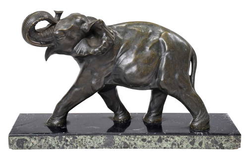 Michel Decoux: (Belgian, 1837-1924) Walking Elephant, signed in marble "Decoux", patinated bronze on marble base, overall 15-1/4 x 25-1/2 x 8 in. Provenance: The Estate of Dr. J. Clayton Davie and Family