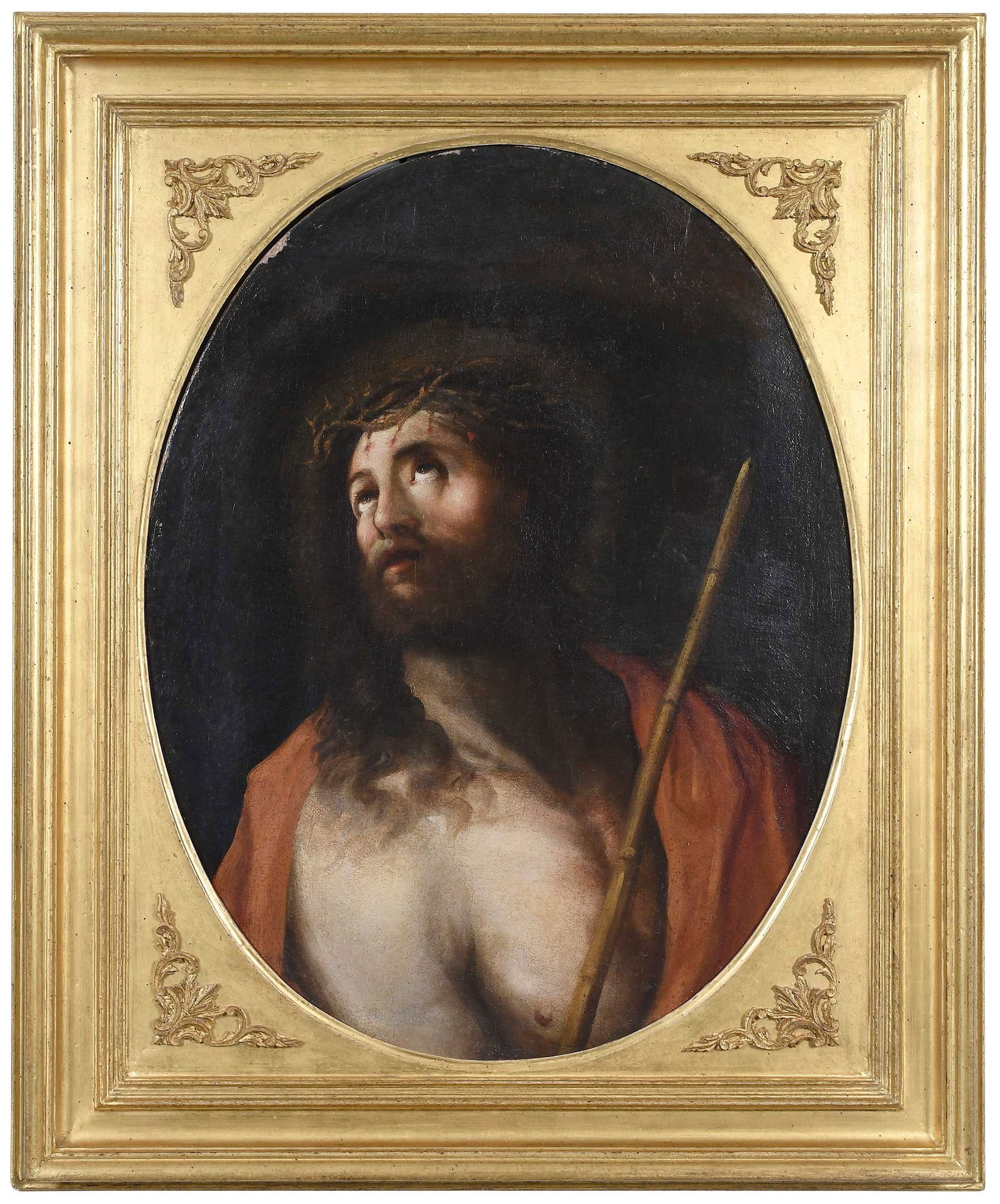 Follower of Guido Reni: (Italian, 1575-1642) Ecce Homo, oil on linen, 28-3/4 x 22-3/8 in. oval; gilt wood and composition frame, 36-3/8 x 30 x 2-1/4 in. Provenance: The Estate of Dr. J. Clayton Davie and Family Note: This pa