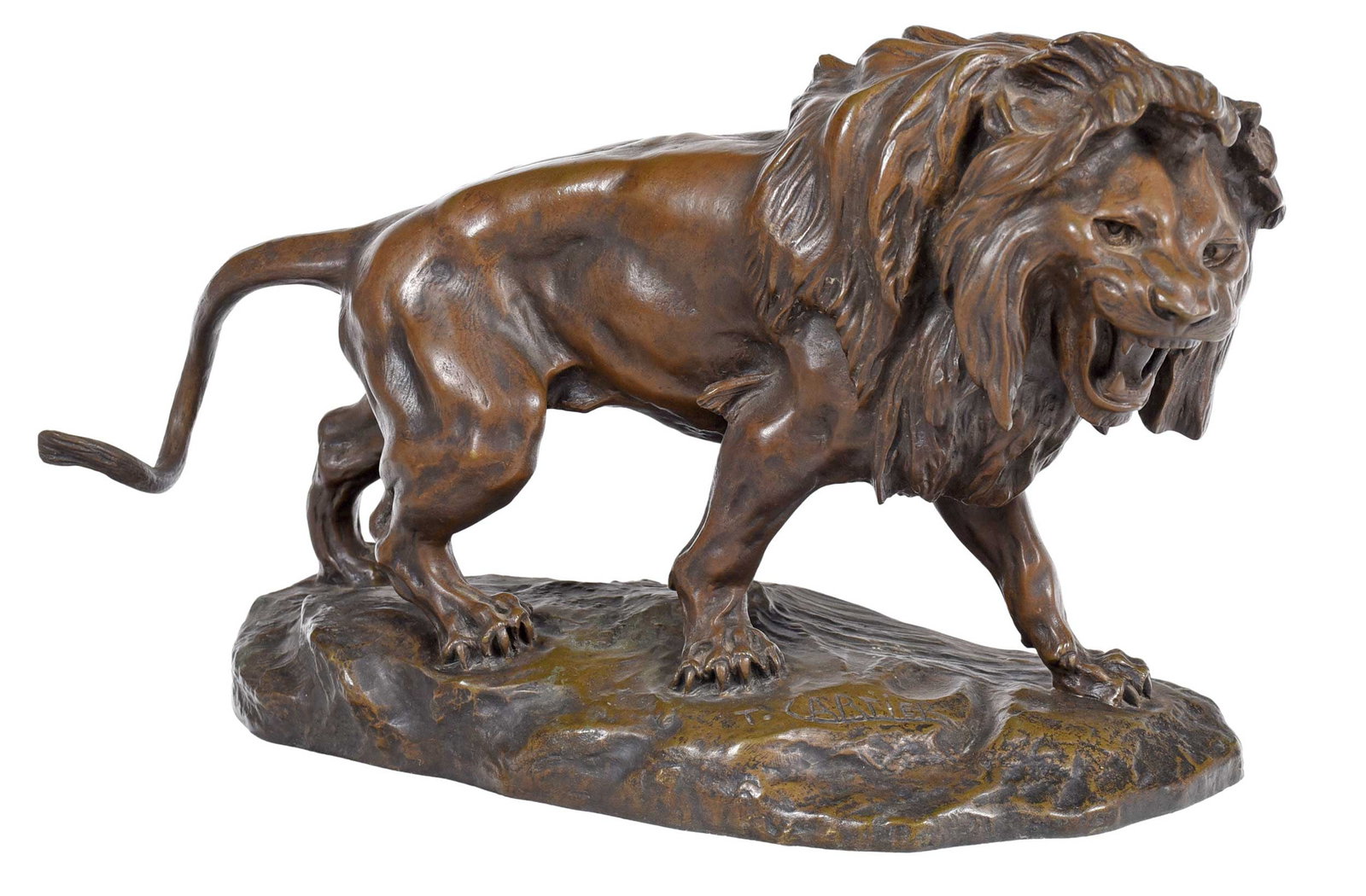 Thomas Francois Cartier: (French, 1879-1943) Roaring Lion, signed in base "T. Cartier", patinated bronze, 8-3/4 x 16-1/8 x 5-7/8 in. Provenance: The Estate of Dr. J. Clayton Davie and Family