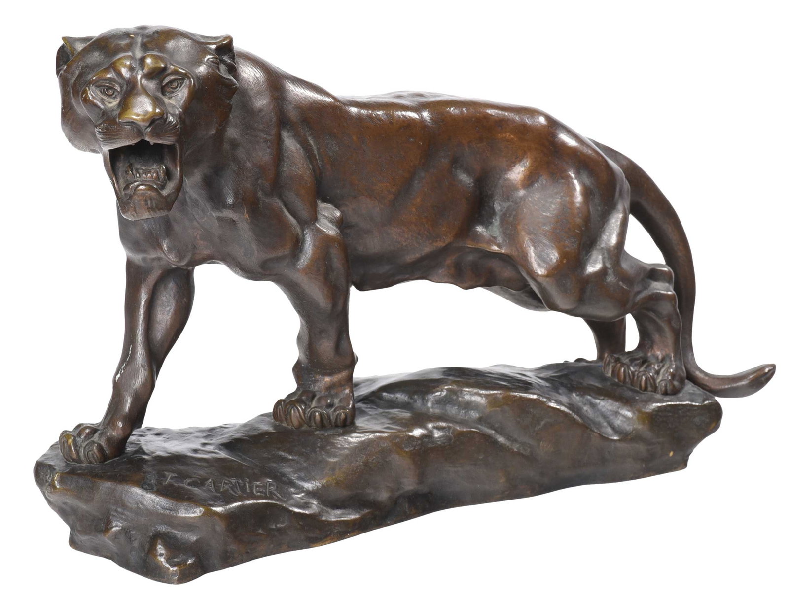 Thomas Francois Cartier: (French, 1879-1943) Roaring Tiger, signed in base "T. Cartier", patinated bronze, 9-5/8 x 14-1/4 x 4-1/2 in. Provenance: The Estate of Dr. J. Clayton Davie and Family