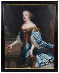 After Gilbert de Seve: (French, 1615-1698) Portrait of Anne-Marie-Louise d' Orleans, holding a crown, closely related to the portrait at Versailles, oil on linen, 48-1/4 x 37-3/4 in.; reverse profile parcel gilt and lacquer