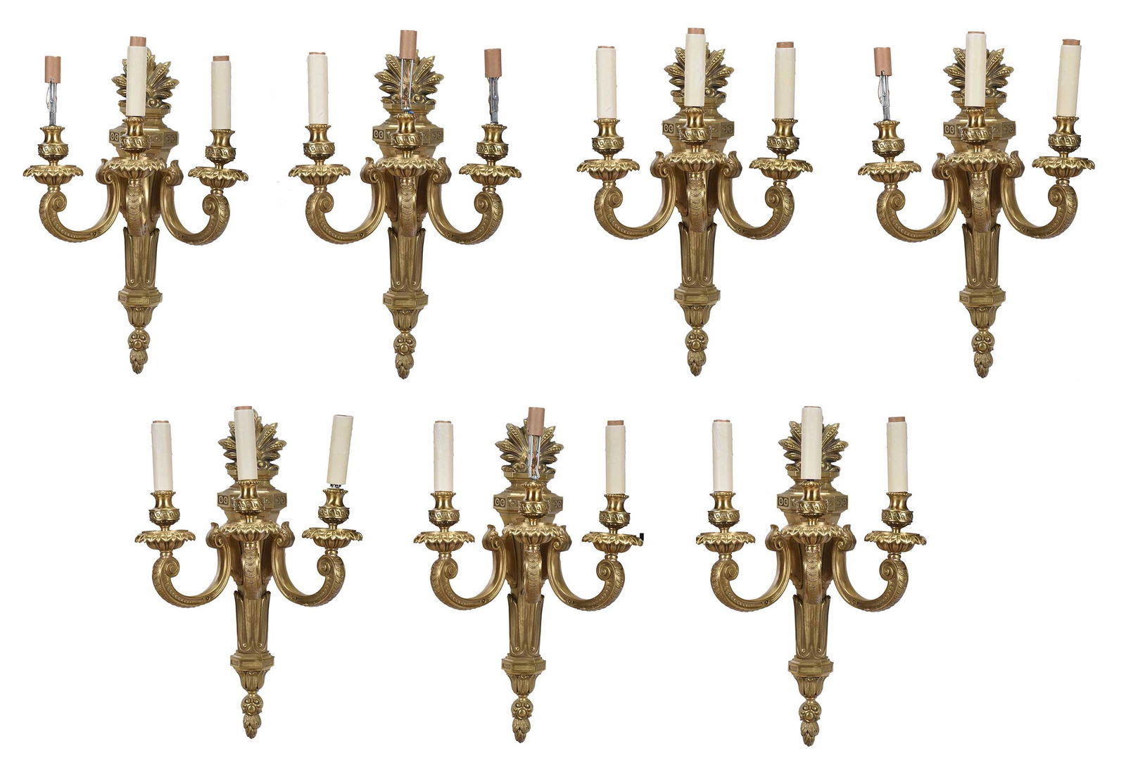 Seven Continental Gilt Bronze Three-Light Sconces (1 of 12)