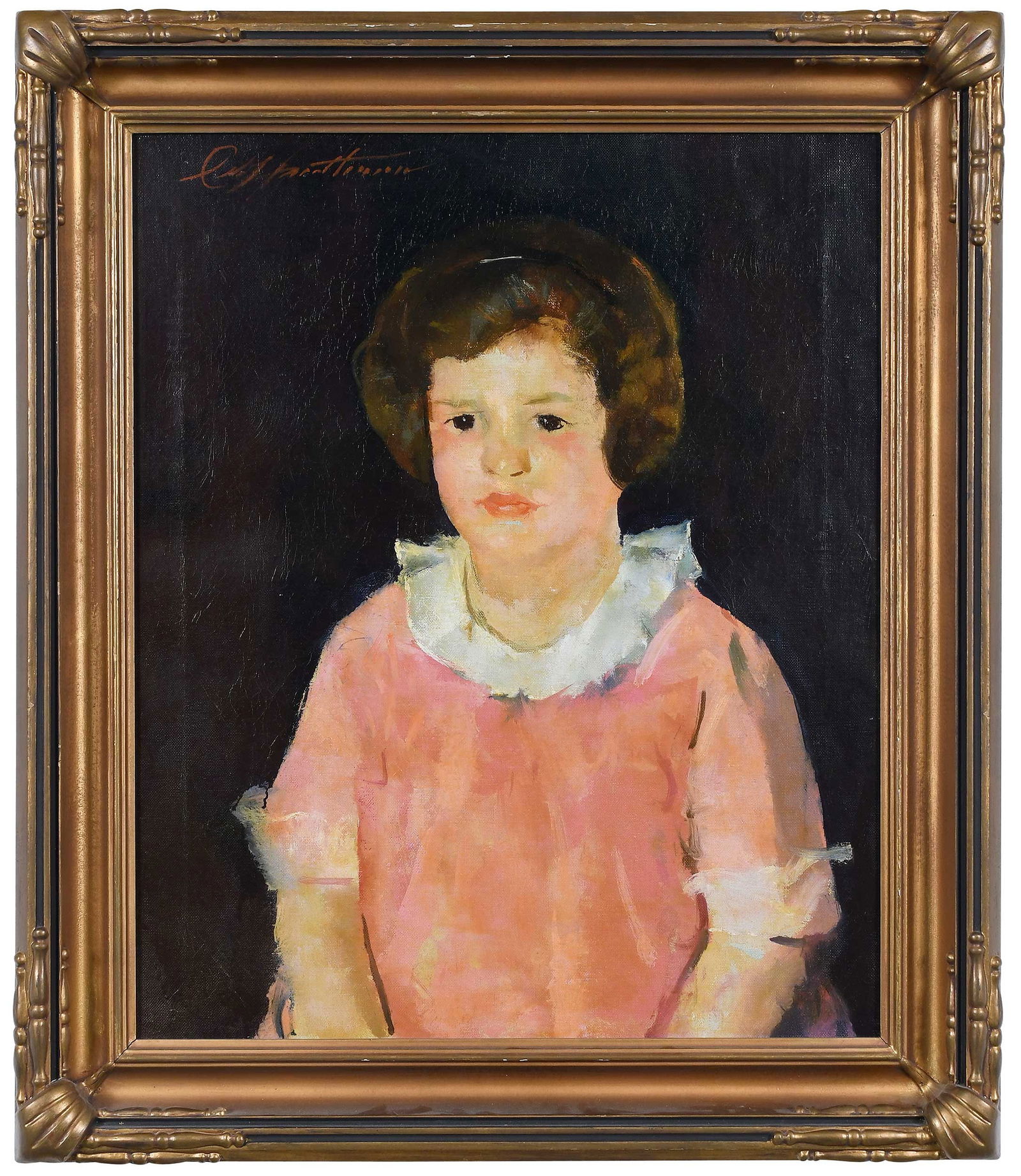 Charles Webster Hawthorne: (American, 1872-1930) Girl in a Pink Dress, signed upper left "CW Hawthorne", oil on canvas, 24-1/4 x 20-1/4 in.; period carved gold finished wood frame, 29-1/2 x 25-1/2 in. Provenance: Sotheby's, New