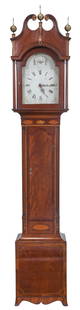 American Federal Inlaid Mahogany Tall Case Clock: circa 1800, likely Mid Atlantic, scrolled pedimented bonnet with brass finials and fluted columns, paint decorated wood panel dial, wooden movement, case with fluted quarter columns and shell and urn