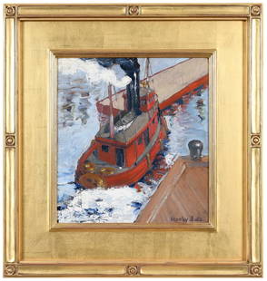 Stanley Bate: (New York/Tennessee, 1903-1972) Tugboat Docking, signed lower right "Stanley Bate", oil on board, 14 x 13 in.; fine carved gilt wood frame, 22-1/2 x 21-1/2 in. Provenance: D. Wigmore Fine Art, New Yor