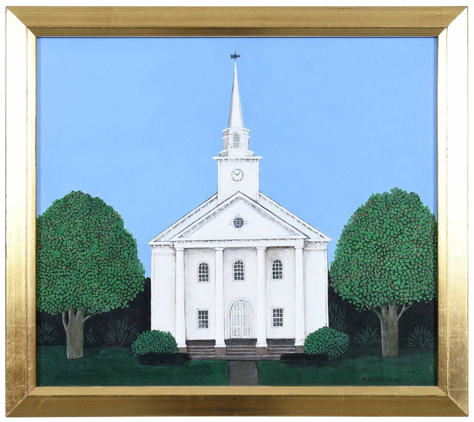 Theodore Jeremenko: (Yugoslavia/New York, born 1938) First Presbyterian Church, 1982, signed lower right "T. Jeremenko", acrylic on canvas, 14 x 16 in.; gilt wood frame, 15-1/2 x 17-1/2 in. Provenance: Property of a Sout