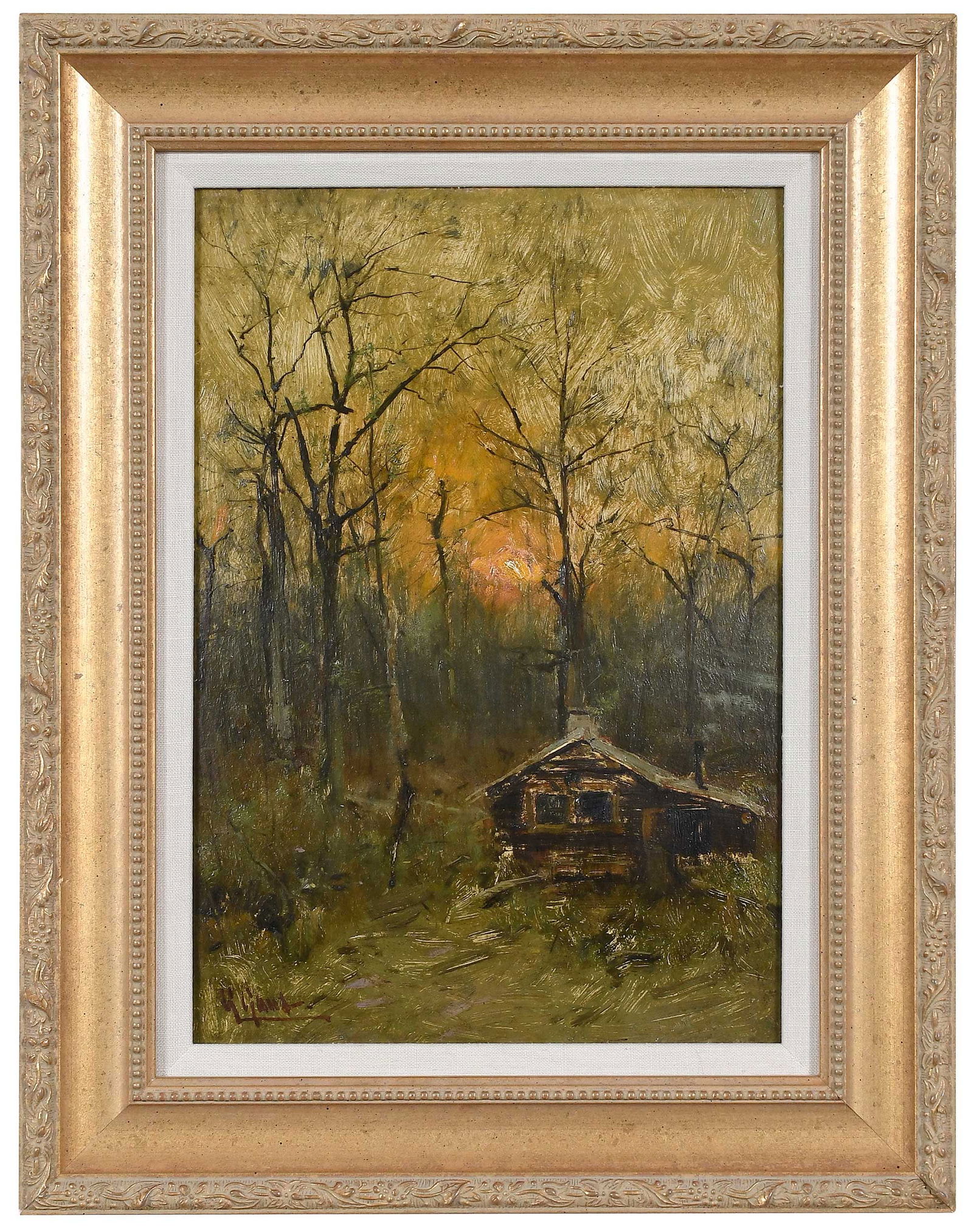 Gilbert Gaul: (American, 1855-1919) Cabin in the Woods, circa 1890, signed lower left "G Gaul", oil on board, 13-1/2 x 9-1/2 in.; reproduction gilt wood frame, 18-1/2 x 14-1/2 in. Provenance: Property of a Southern