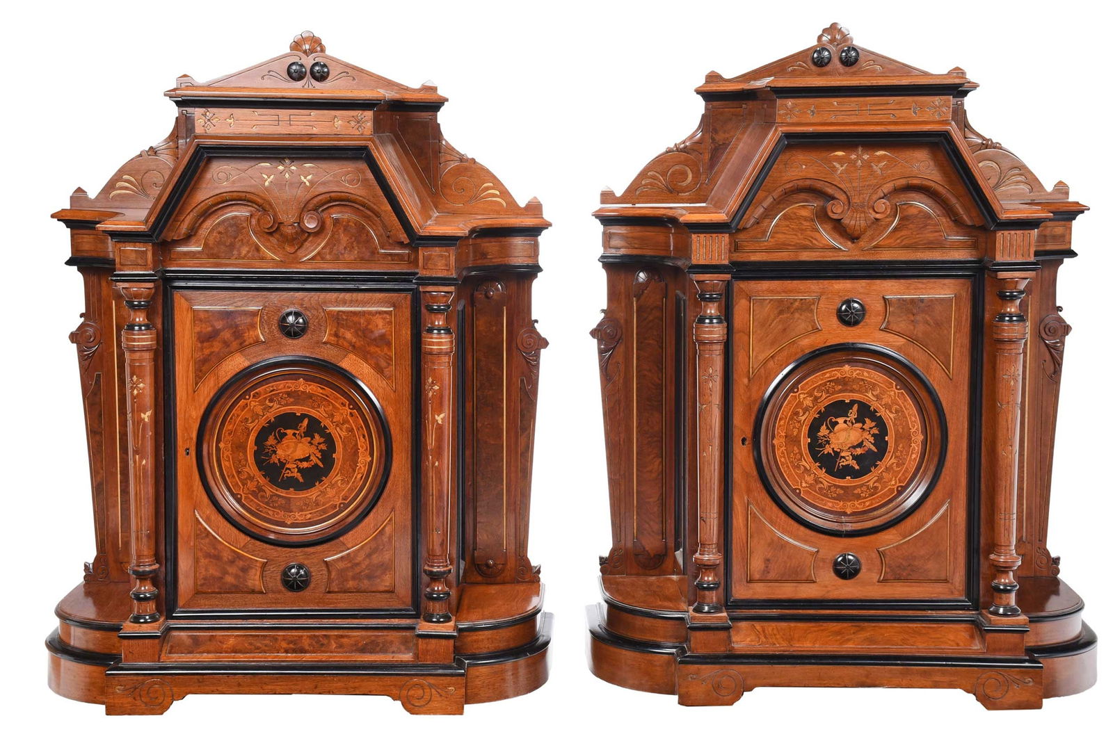 Pair of American Renaissance Parcel Gilt and Ebonized Walnut and Marquetry Parlor Cabinets (1 of 13)
