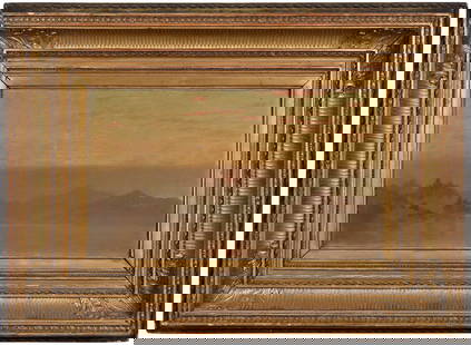 Attributed to Jervis McEntee: (American, 1828-1891) Hudson River Sunset, unsigned, oil on canvas, 10-3/4 x 18-3/4 in.; period carved gilt wood frame, 22 x 30 in. Provenance: Private Collection, Rhode Island